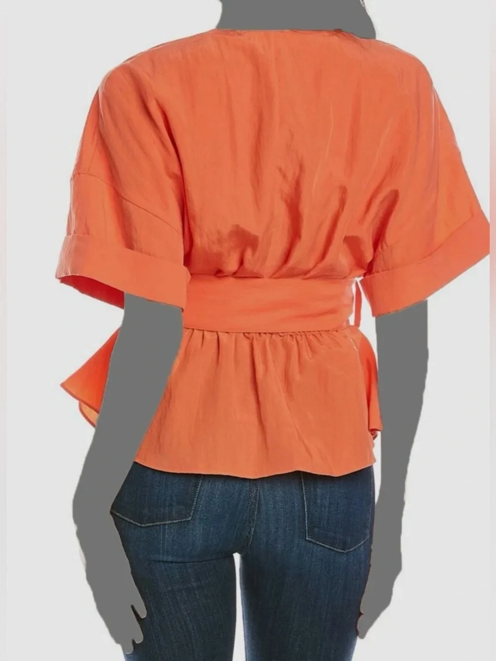 $295 Vince Women's Orange Cuffed Cotton V-Neck Blouse Top Size XL